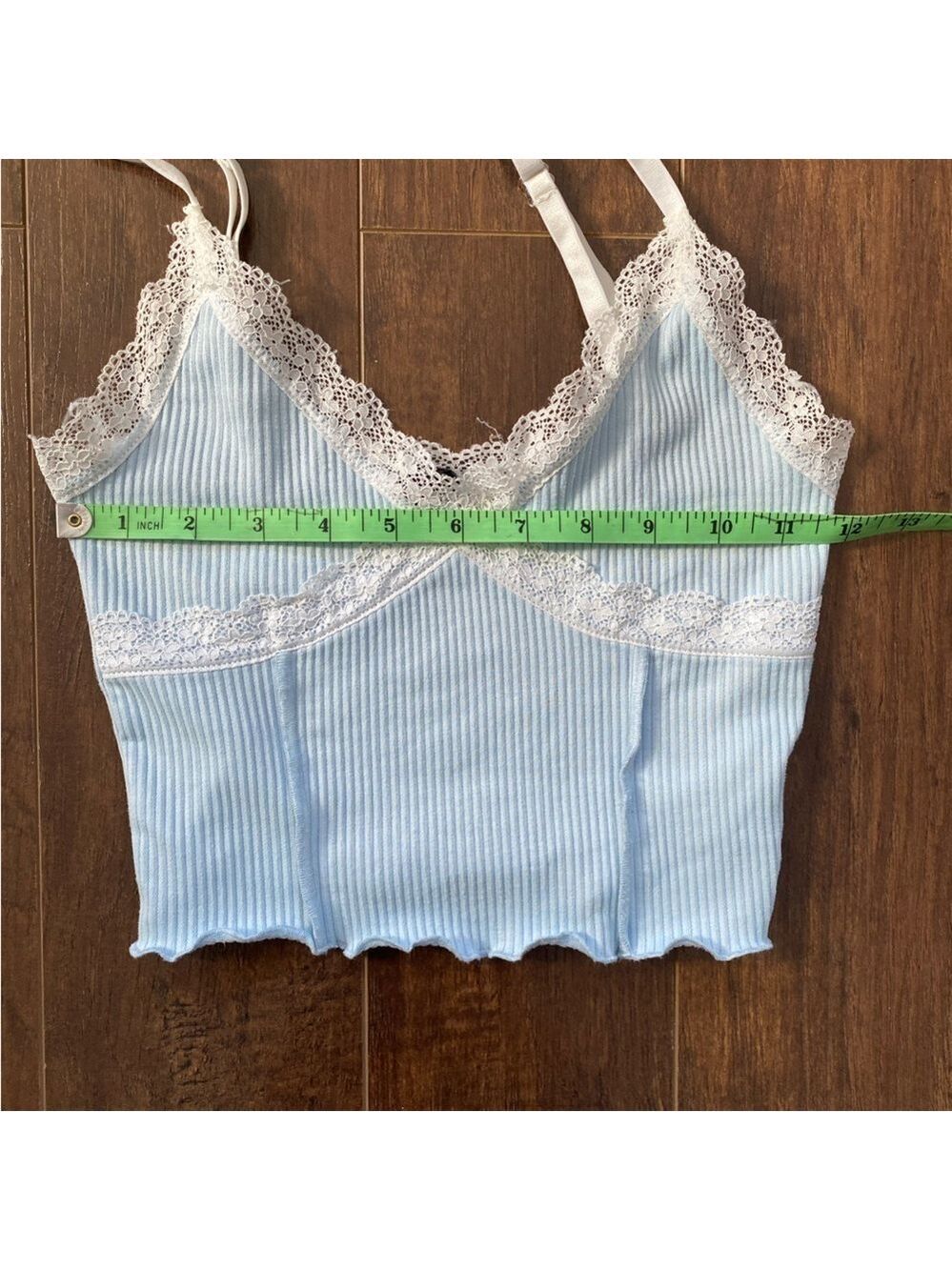 2/$10 Divided Light Blue with Off-White Lace Trim Cropped Tank Size XS - Picture 8 of 11